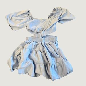 Shy Velvet Cut Out Mini Dress Medium Puff Sleeve Tiered Skater Light Blue